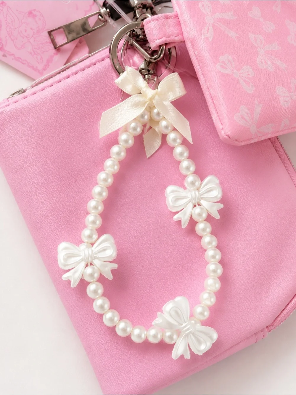 Pink Dual Wristlet Keychain Coin Pouch Card Holder Pearl Bow Charm NWT